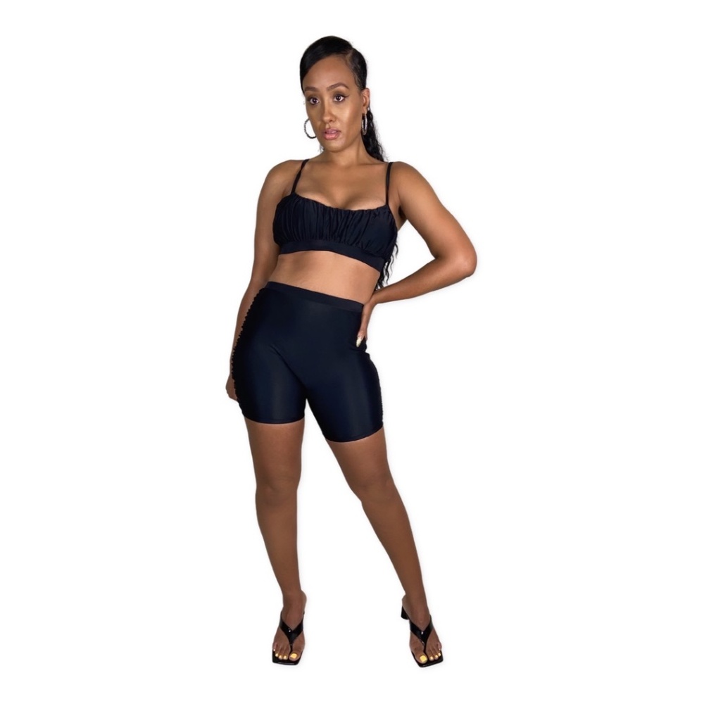 Black Ruched Biker Short Set